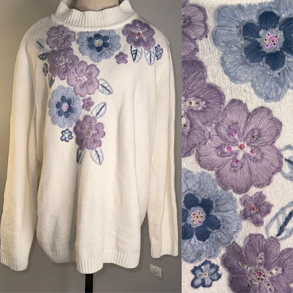 Alfred Dunner Womens 1X‎ Vintage Floral Embroidered GrannyCore Chenille Sweater